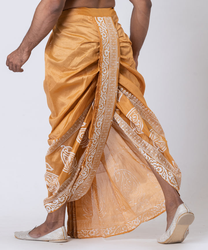 Brown white hand block printed dupion silk dhoti