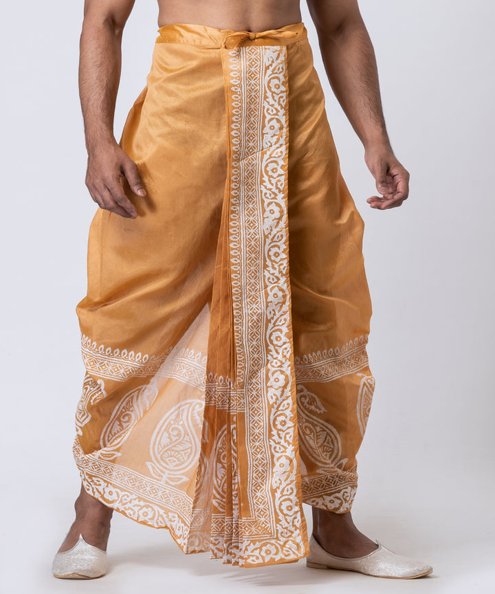 Brown white hand block printed dupion silk dhoti