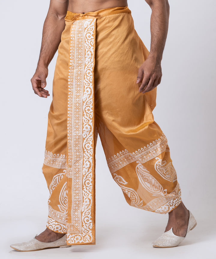 Brown white hand block printed dupion silk dhoti