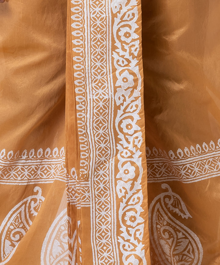 Brown white hand block printed dupion silk dhoti