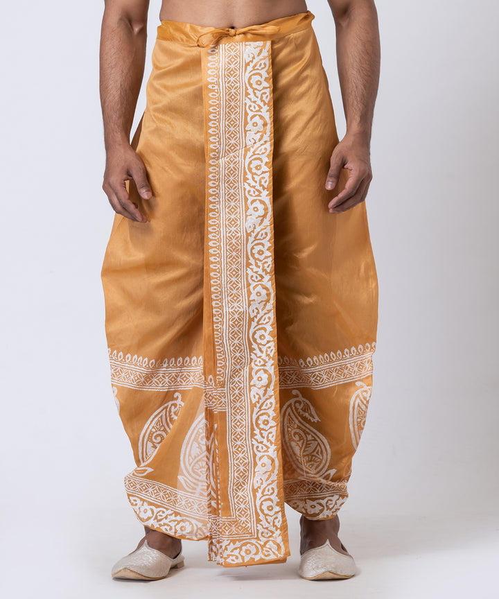 Brown white hand block printed dupion silk dhoti