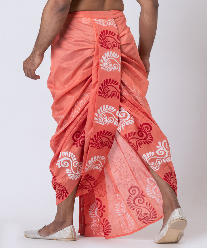 Orange white hand block printed dupion silk dhoti