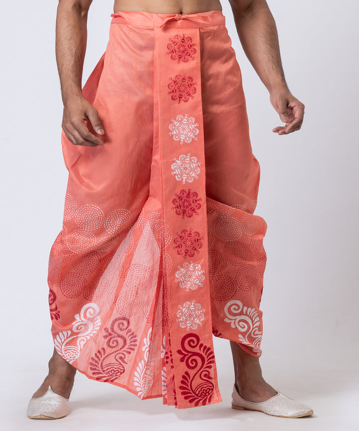 Orange white hand block printed dupion silk dhoti