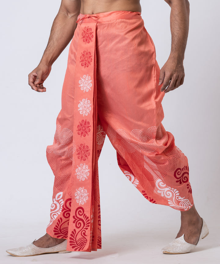 Orange white hand block printed dupion silk dhoti