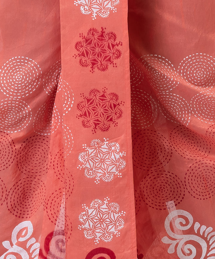 Orange white hand block printed dupion silk dhoti