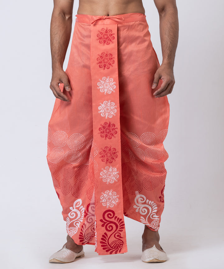 Orange white hand block printed dupion silk dhoti