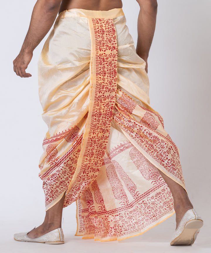 Beige red dupion silk hand block printed dhoti