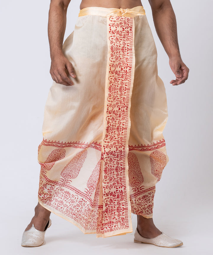 Beige red dupion silk hand block printed dhoti