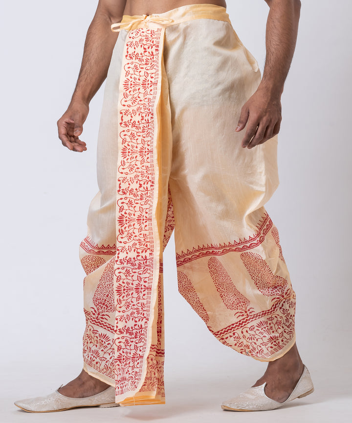 Beige red dupion silk hand block printed dhoti