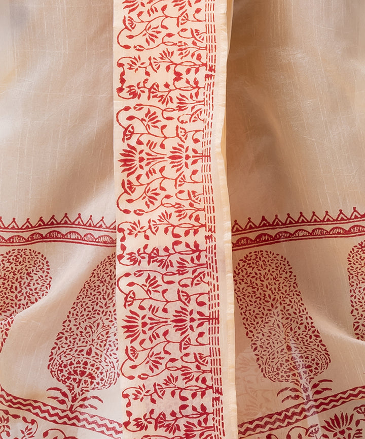 Beige red dupion silk hand block printed dhoti