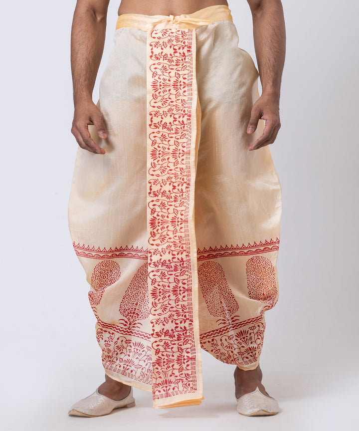 Beige red dupion silk hand block printed dhoti