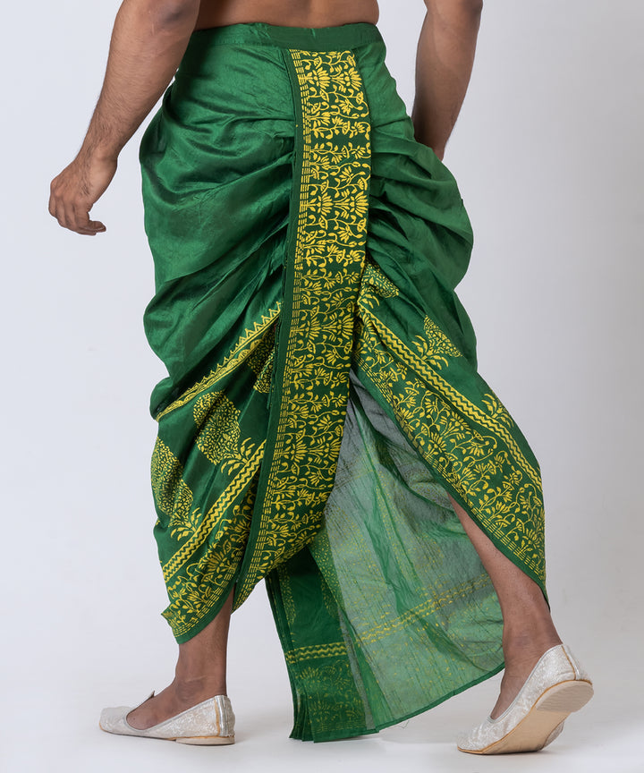 Dark green yellow hand block printed dupion silk dhoti