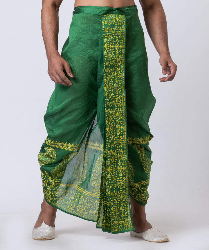 Dark green yellow hand block printed dupion silk dhoti