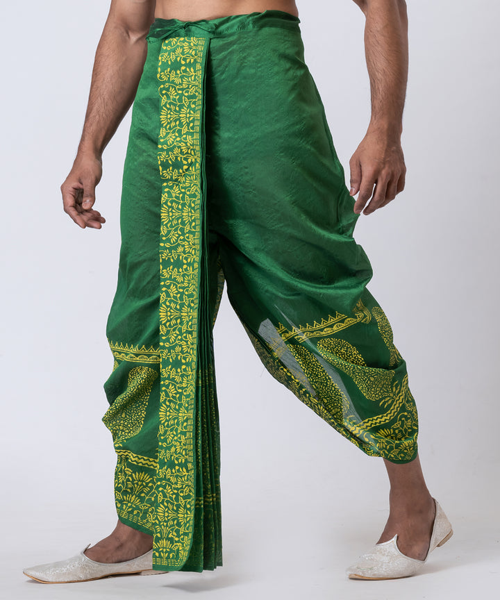 Dark green yellow hand block printed dupion silk dhoti