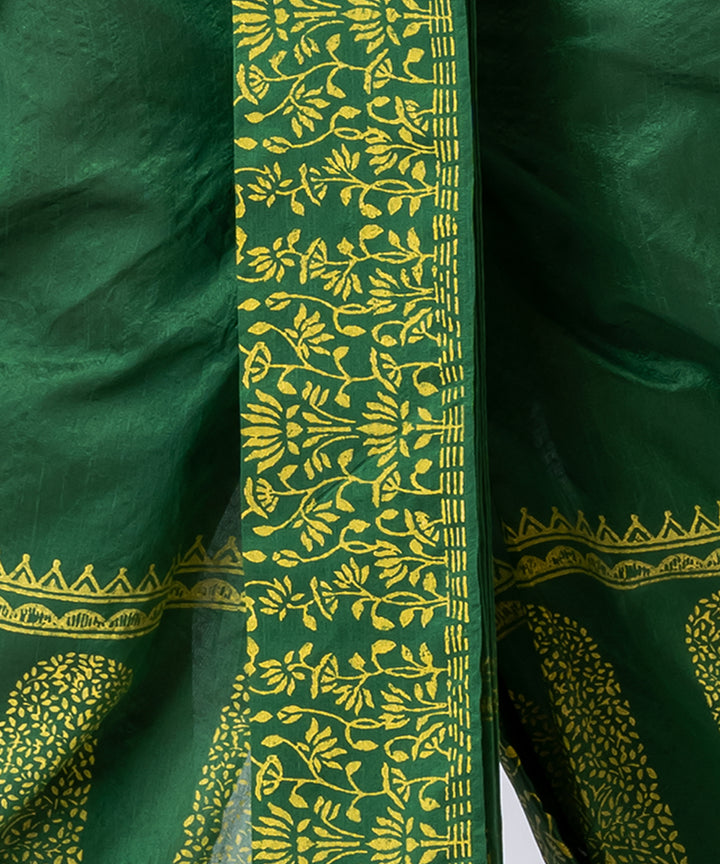 Dark green yellow hand block printed dupion silk dhoti