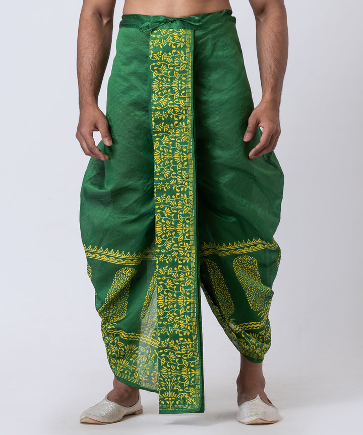 Dark green yellow hand block printed dupion silk dhoti