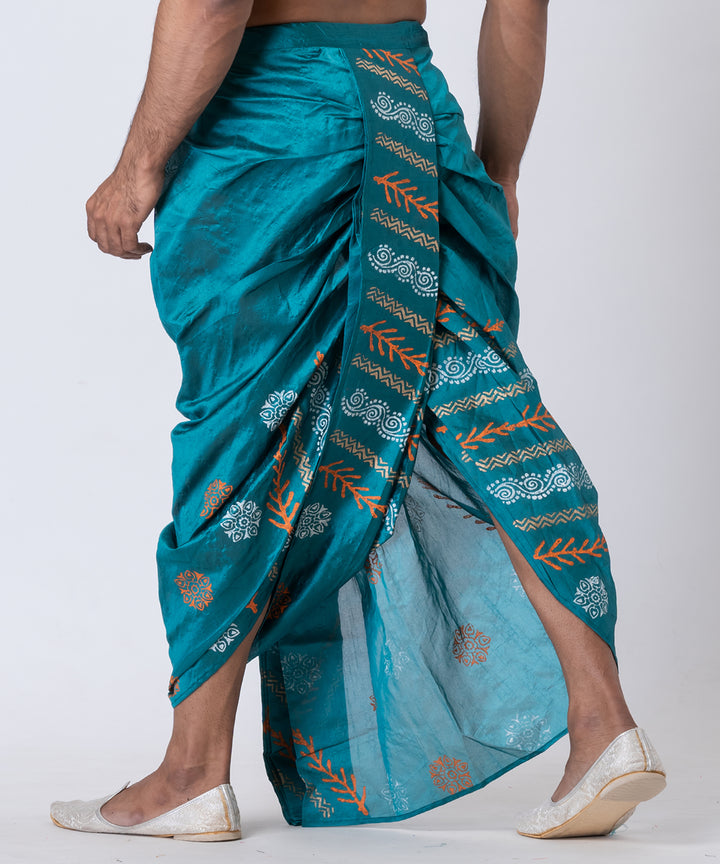 Turquoise hand block printed dupion silk dhoti