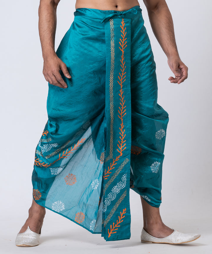 Turquoise hand block printed dupion silk dhoti