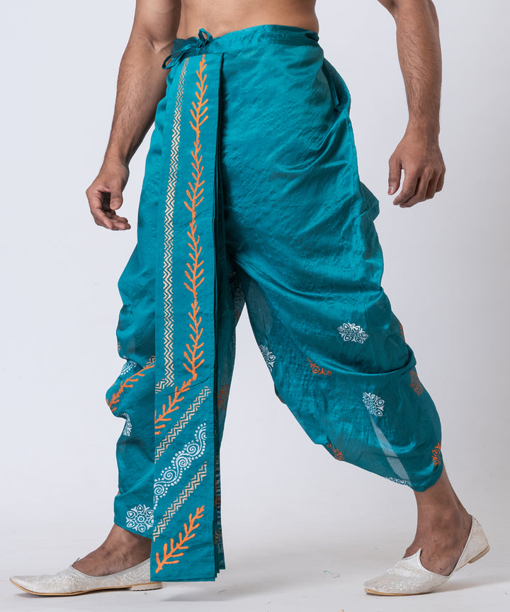 Turquoise hand block printed dupion silk dhoti