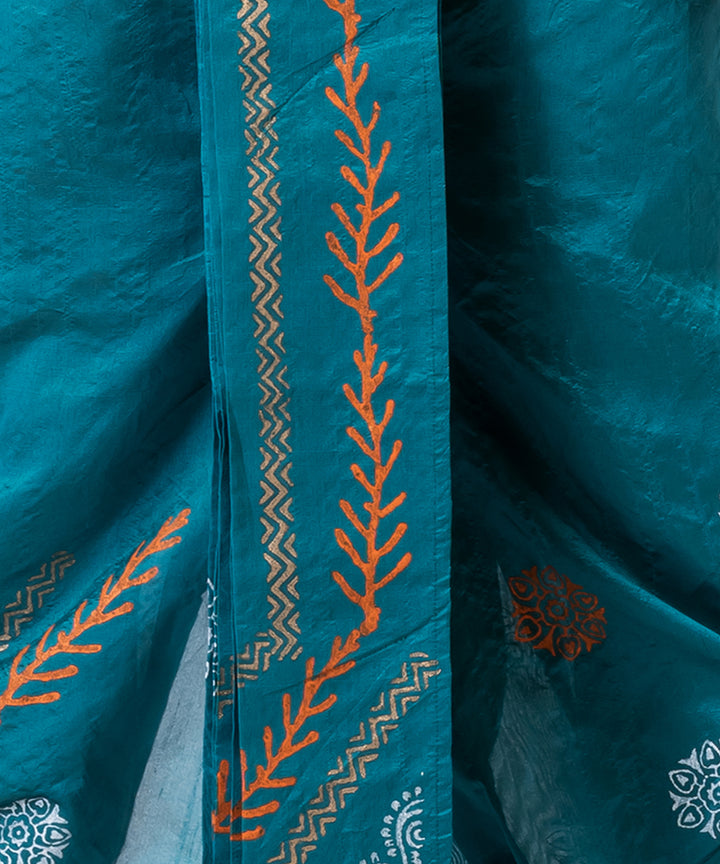 Turquoise hand block printed dupion silk dhoti