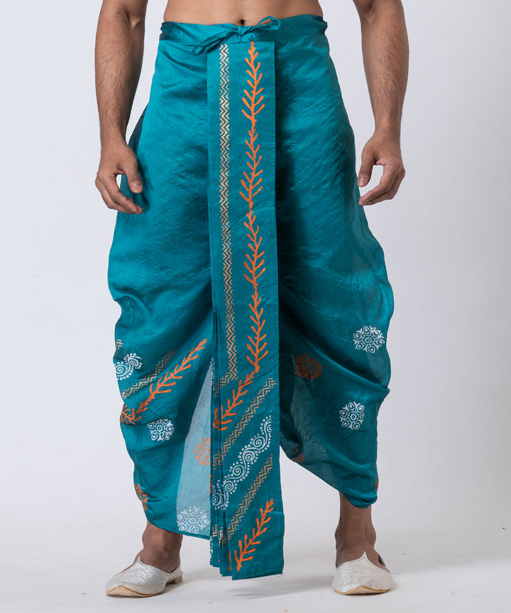 Turquoise hand block printed dupion silk dhoti