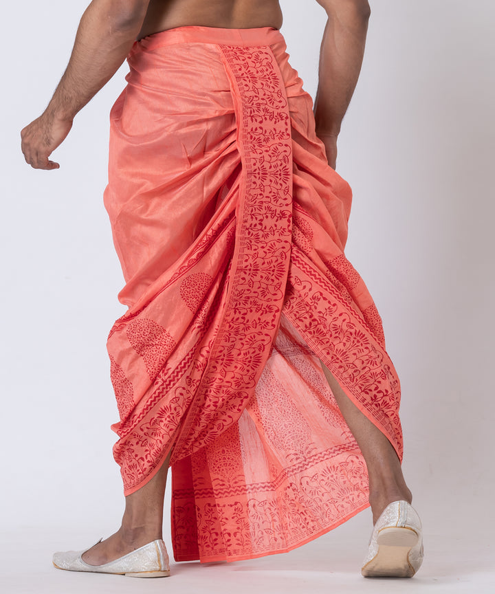 Peach hand block printed dupion silk dhoti