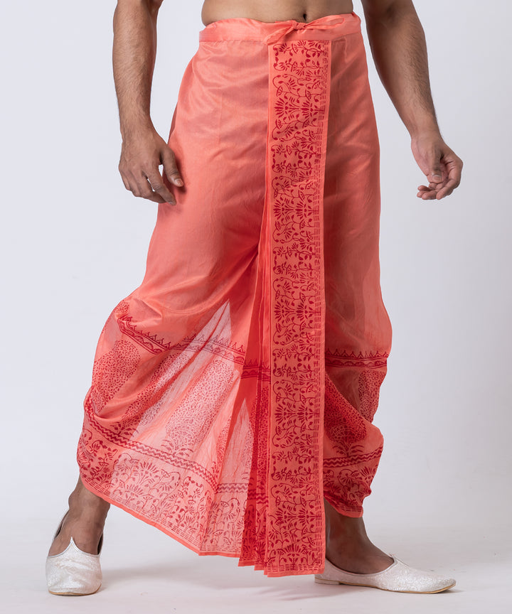 Peach hand block printed dupion silk dhoti