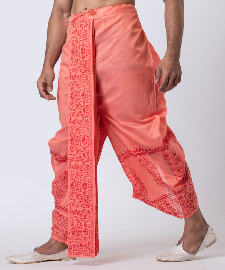 Peach hand block printed dupion silk dhoti