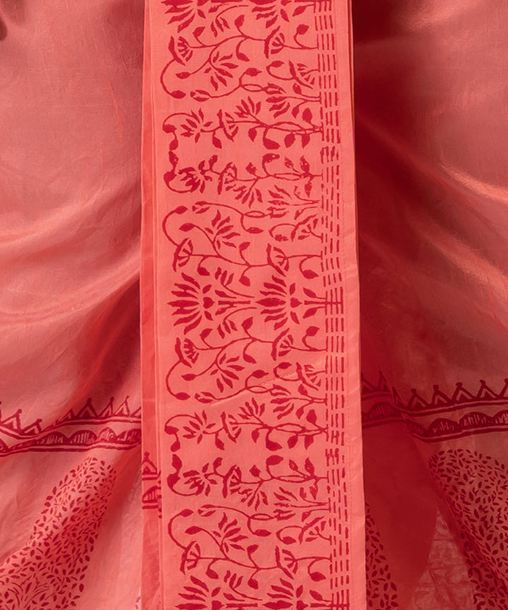 Peach hand block printed dupion silk dhoti