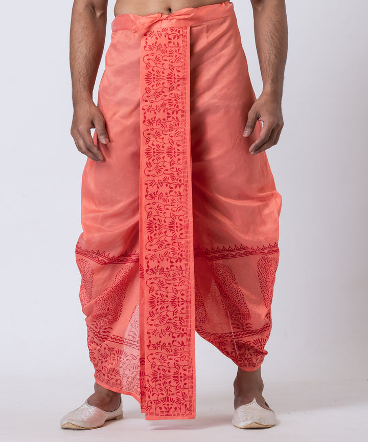 Peach hand block printed dupion silk dhoti