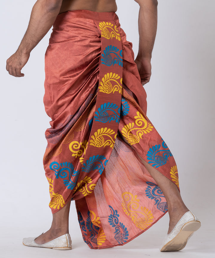 Peach multicolor hand block printed dupion silk dhoti