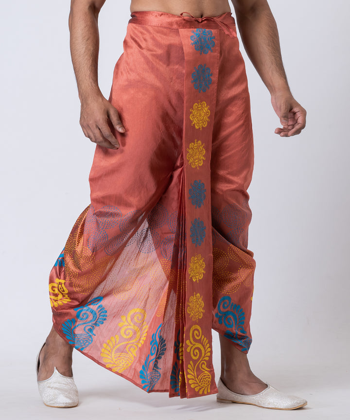 Peach multicolor hand block printed dupion silk dhoti