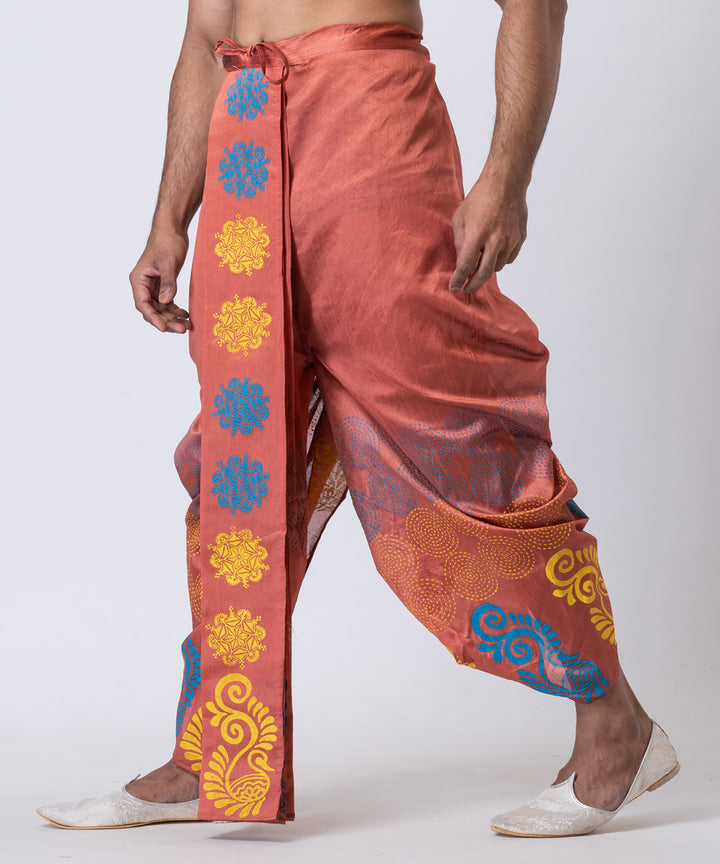 Peach multicolor hand block printed dupion silk dhoti