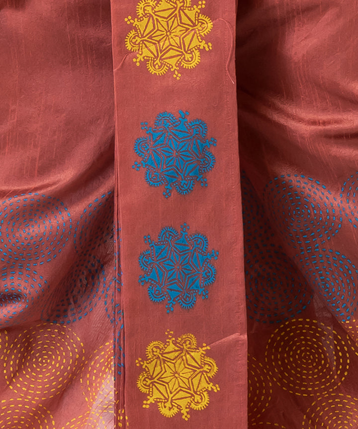 Peach multicolor hand block printed dupion silk dhoti