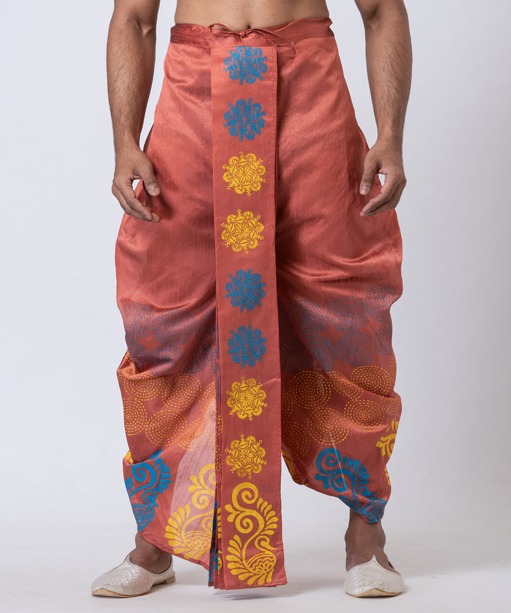 Peach multicolor hand block printed dupion silk dhoti