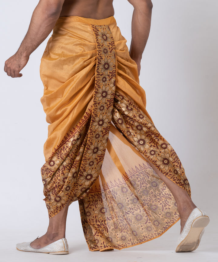 Brown hand-block printed dupion silk dhoti