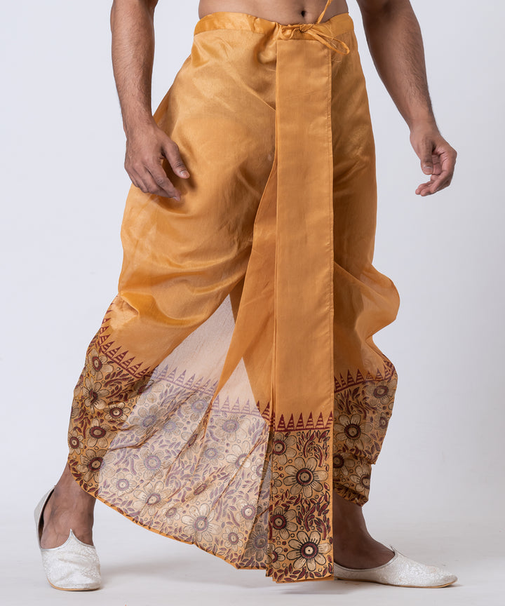 Brown hand-block printed dupion silk dhoti