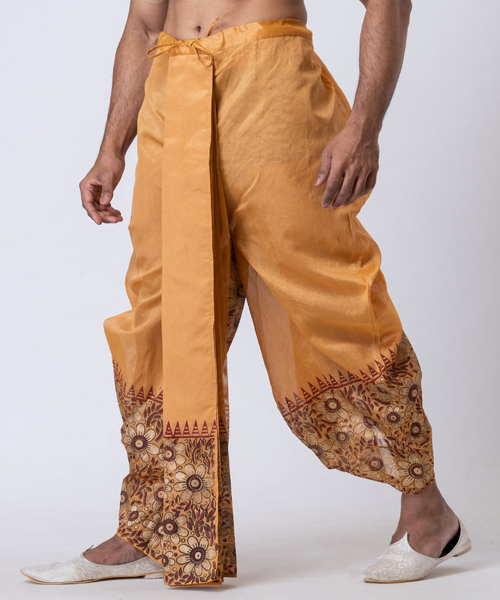 Brown hand-block printed dupion silk dhoti