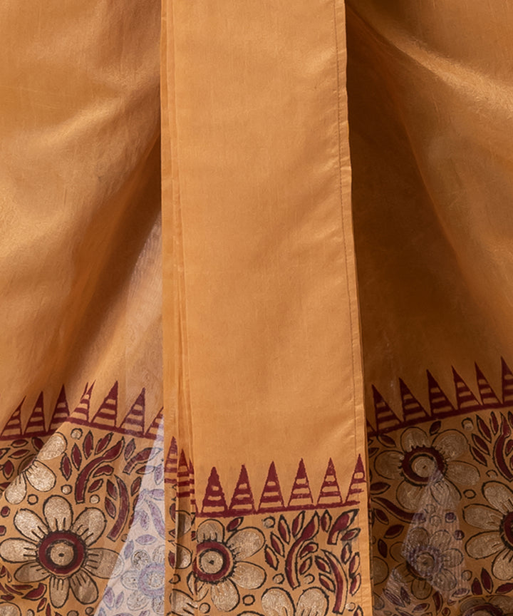 Brown hand-block printed dupion silk dhoti
