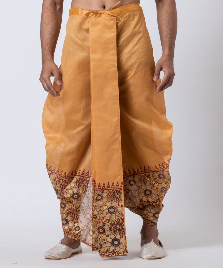 Brown hand-block printed dupion silk dhoti