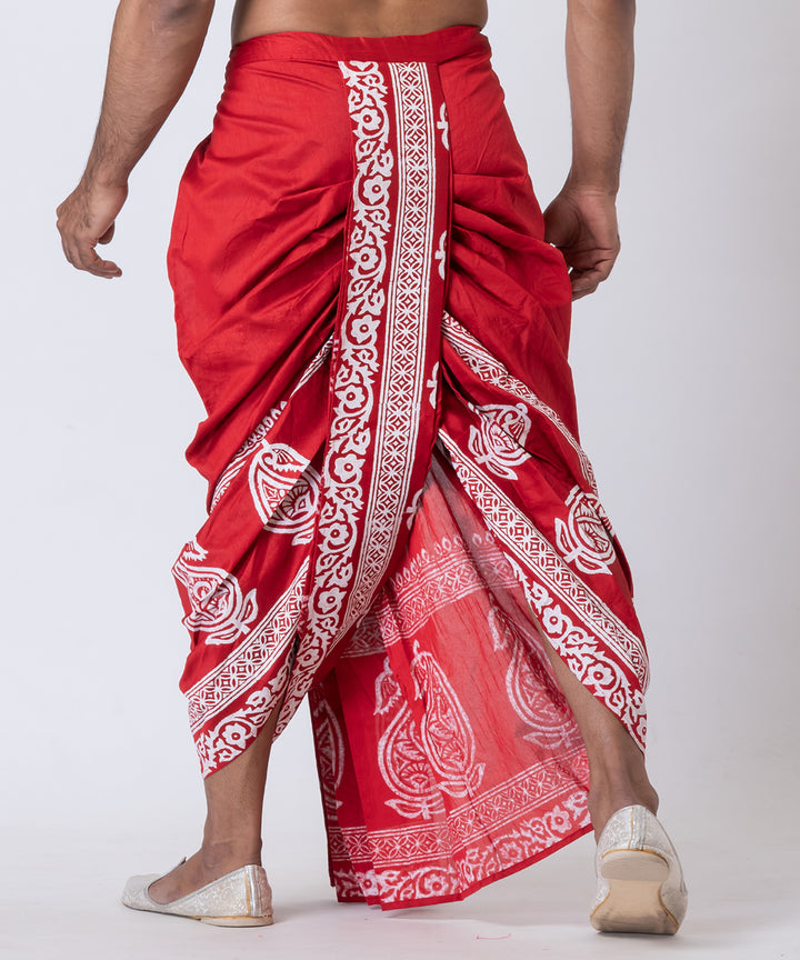 Red white hand block printed dupion silk dhoti