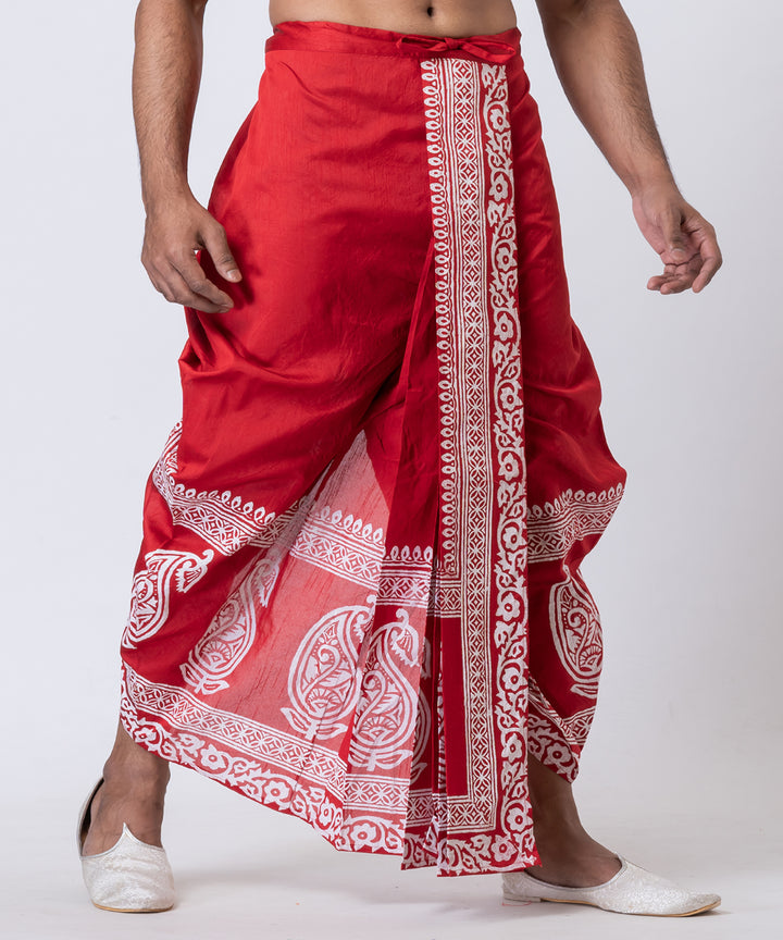 Red white hand block printed dupion silk dhoti
