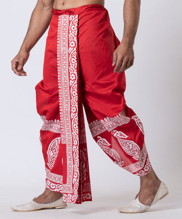 Red white hand block printed dupion silk dhoti