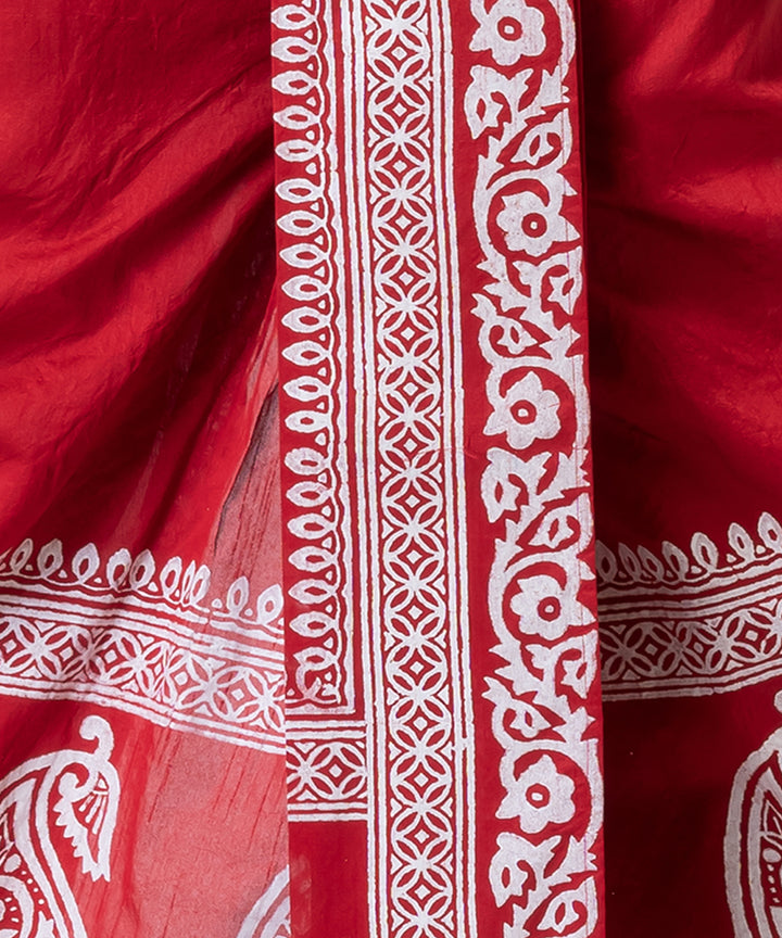 Red white hand block printed dupion silk dhoti