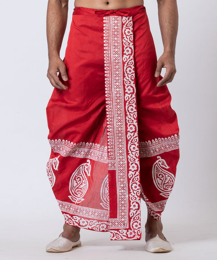 Red white hand block printed dupion silk dhoti