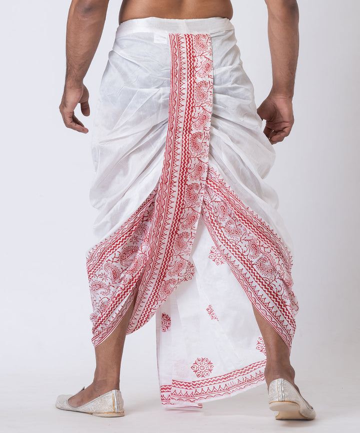 White red hand block printed dupion silk dhoti