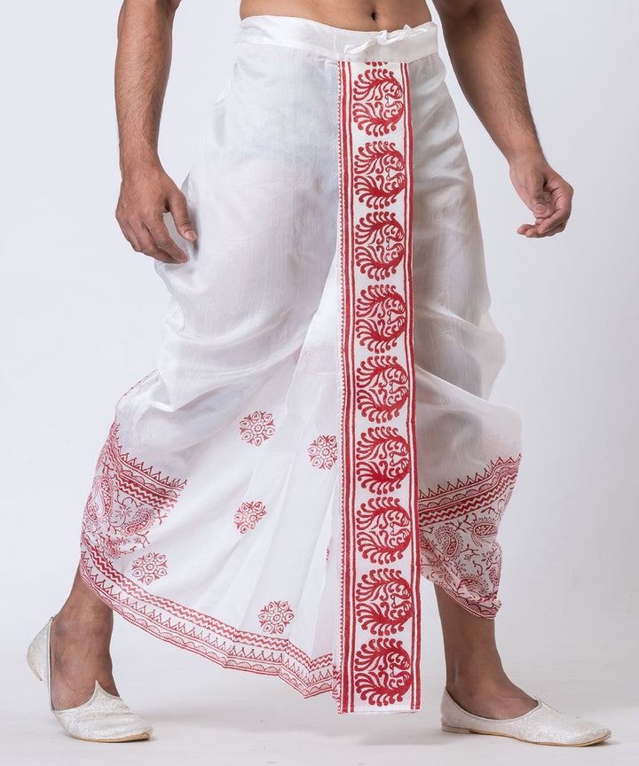 White red hand block printed dupion silk dhoti