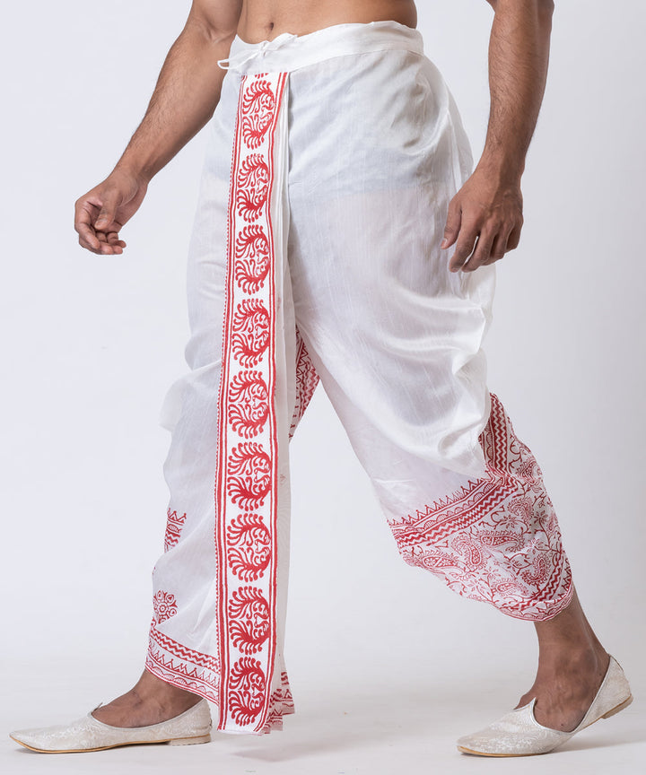 White red hand block printed dupion silk dhoti