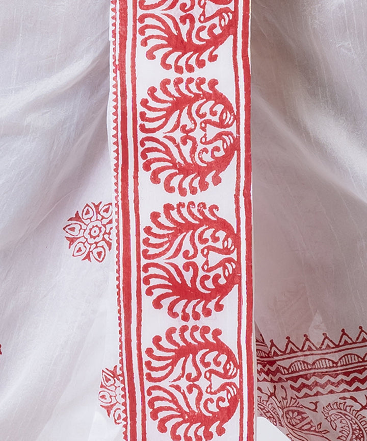 White red hand block printed dupion silk dhoti