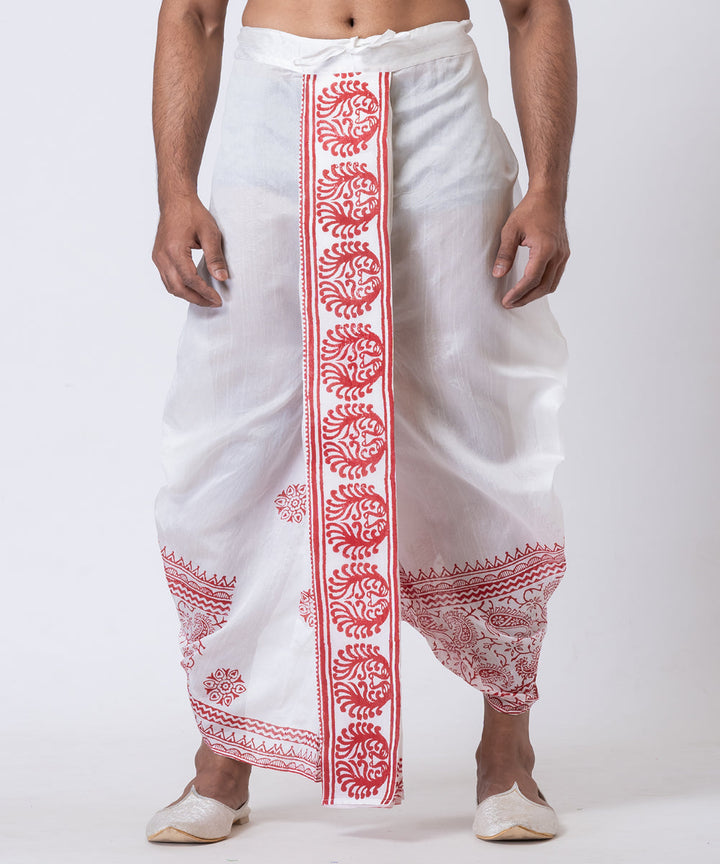 White red hand block printed dupion silk dhoti